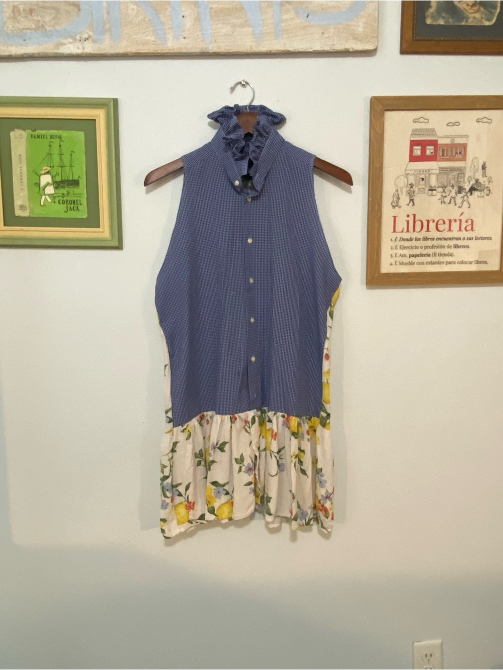 Upcycled Blue Sleeveless Ruffle-Collar Dress with Cream Floral Hem and Back